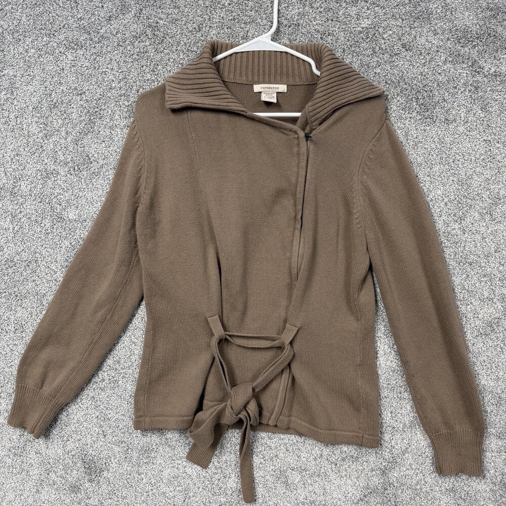 Covington Cardigan Sweater Womens L Tan Zip Front Belted Minimalist Layering